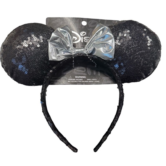 Disney Other - Disney Black Sequin Ears with Silver Bow